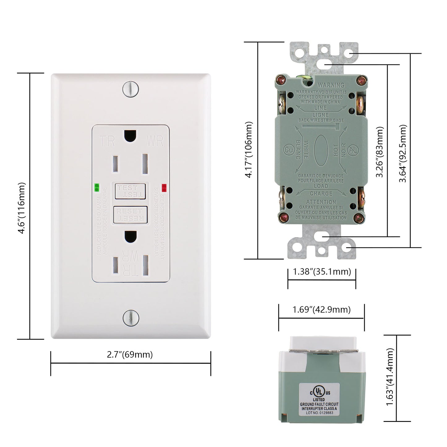 GFCI Receptacle Outlet,125VAC 15Amp,Weather-Resistant and Tamper-Resistant,Ground Fault Circuit Interrupter Outlet for Kitchen,Bathroom,Indoor or Outdoor Use,White